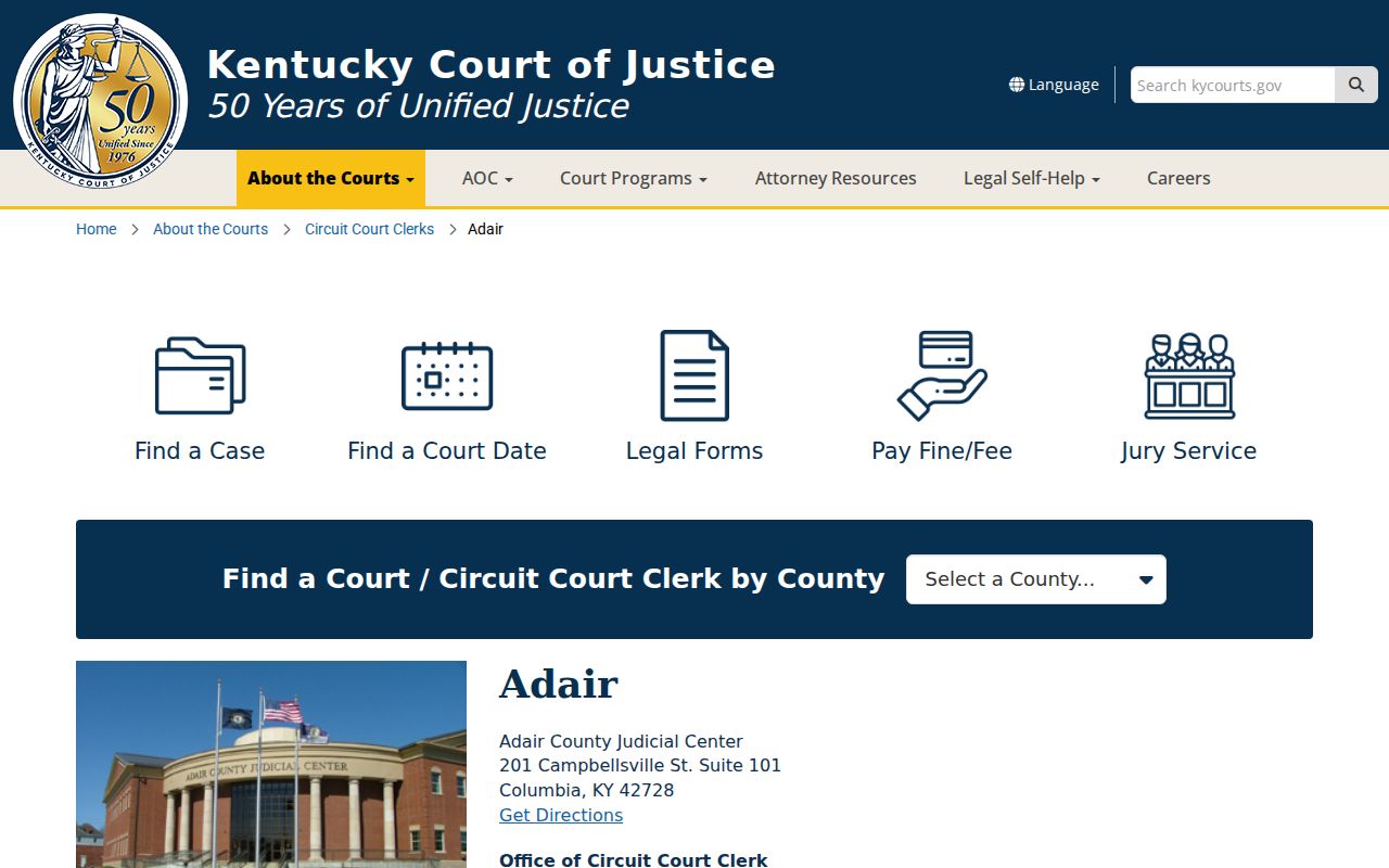 Adair County court case records at the Judicial Center clerk office